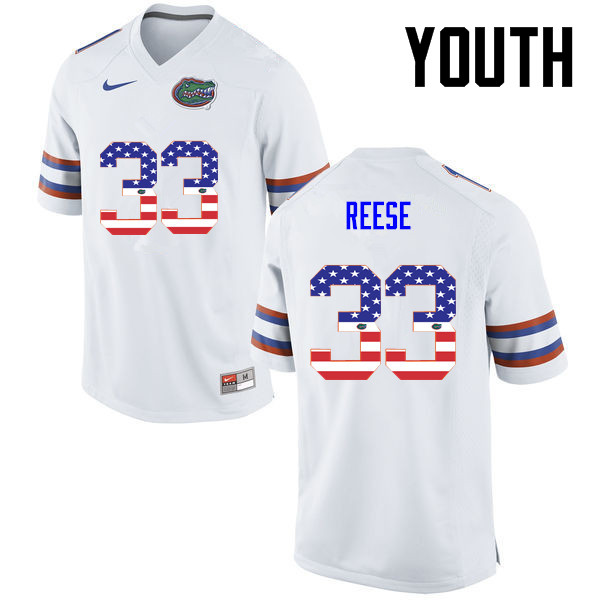 Youth Florida Gators #33 David Reese College Football USA Flag Fashion Jerseys-White